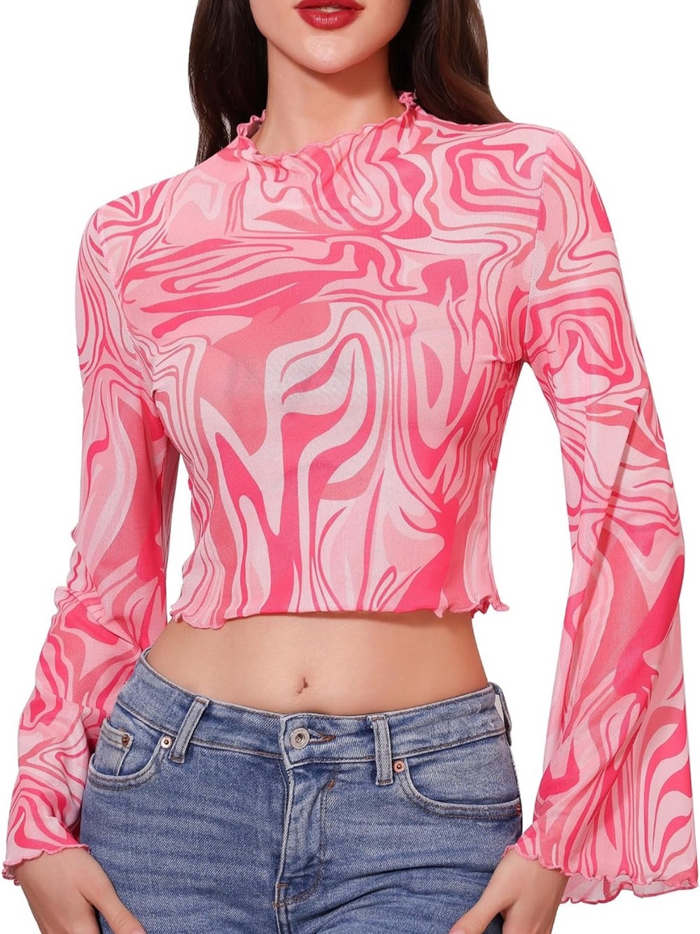 ABAFIP Women's Bell Sleeve Floral Mesh Mock Neck Crop Top S